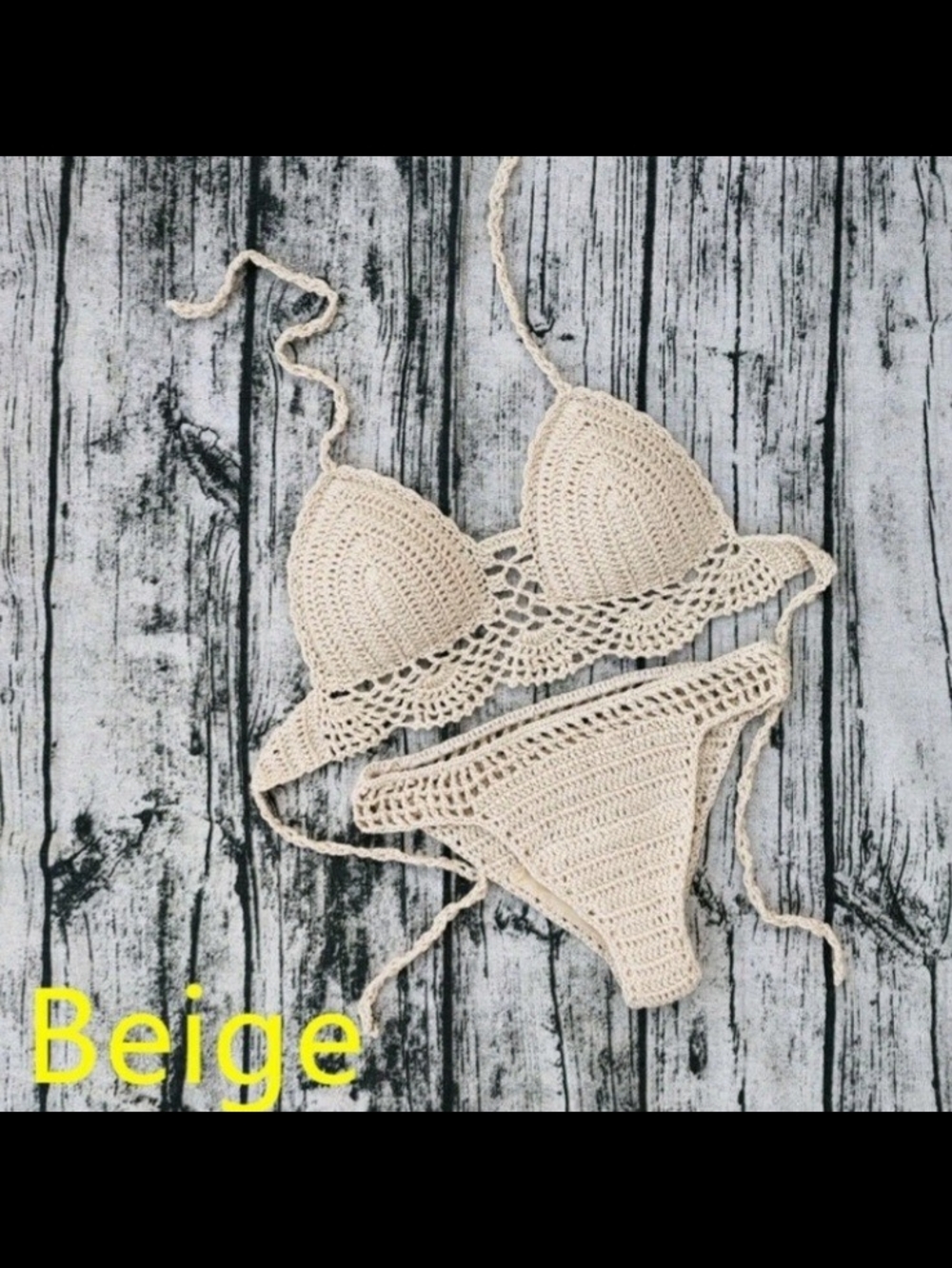 Handmade Beige Crochet Tie Bikini Set - Women Swim